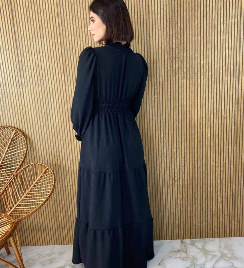 Vestido Longo sem Bojo Manga Longa Detalhes em Lastex Preto - Fernanda Ramos Store