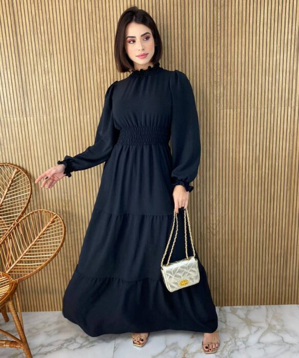 Vestido Longo sem Bojo Manga Longa Detalhes em Lastex Preto - Fernanda Ramos Store