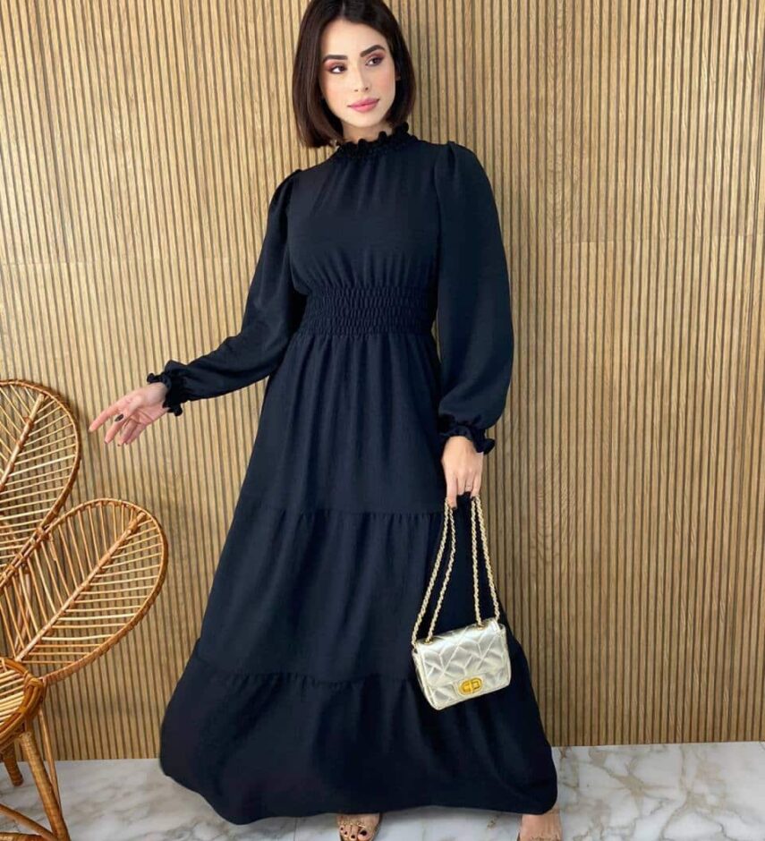 Vestido Longo sem Bojo Manga Longa Detalhes em Lastex Preto - Fernanda Ramos Store