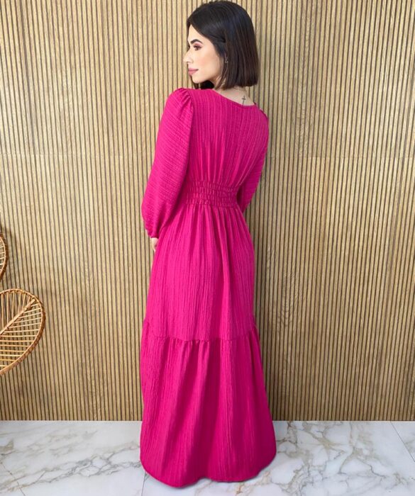 Vestido Longo sem Bojo Manga Longa Eduarda Pink - Fernanda Ramos Store