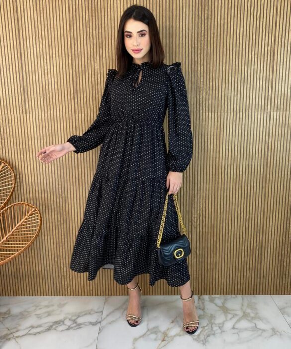 Vestido Longo sem Bojo Manga Longa Poá Preto com Amarração - Fernanda Ramos Store