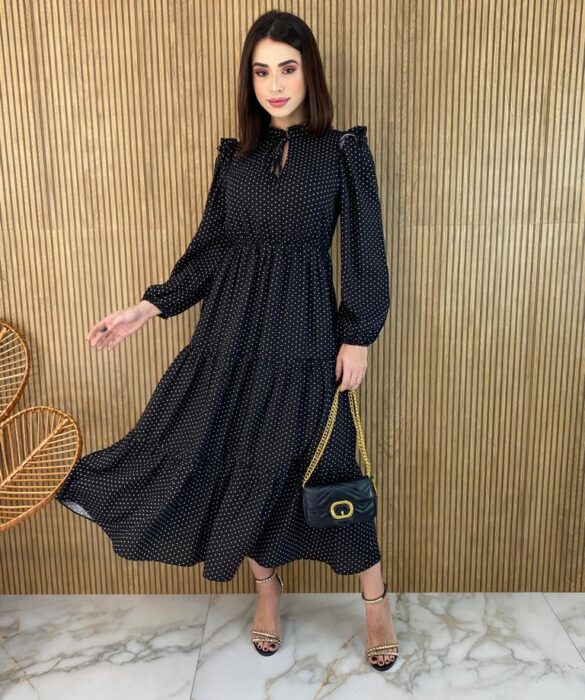 Vestido Longo sem Bojo Manga Longa Poá Preto com Amarração - Fernanda Ramos Store