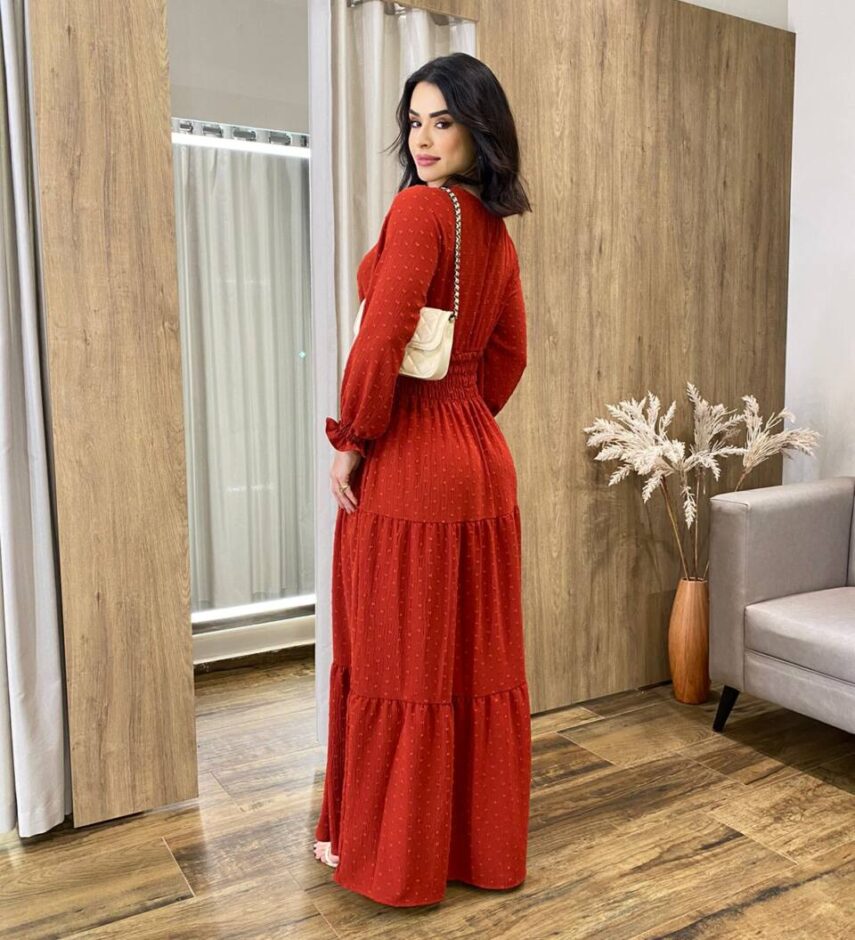 Vestido Longo sem Bojo Pipoquinha Manga Longa Terracota - Fernanda Ramos Store
