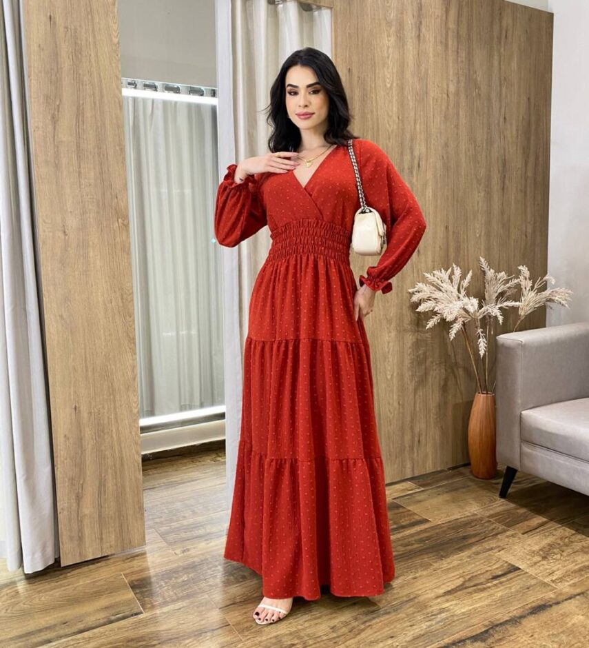 Vestido Longo sem Bojo Pipoquinha Manga Longa Terracota - Fernanda Ramos Store