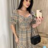 Vestido Midi com Bojo Manga Curta Yara Xadrez Bege - Fernanda Ramos Store