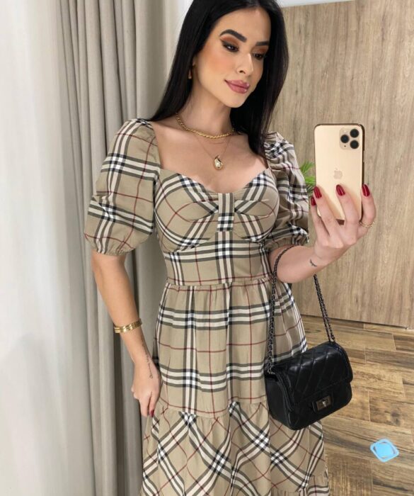 Vestido Midi com Bojo Manga Curta Yara Xadrez Bege - Fernanda Ramos Store