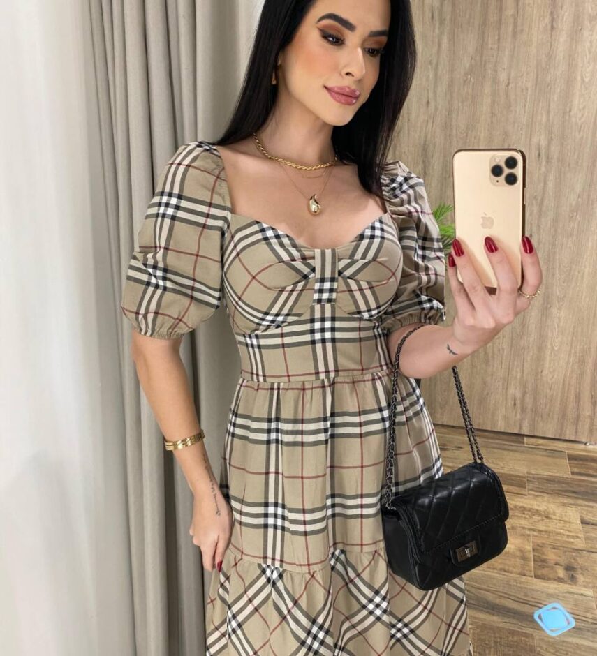 Vestido Midi com Bojo Manga Curta Yara Xadrez Bege - Fernanda Ramos Store