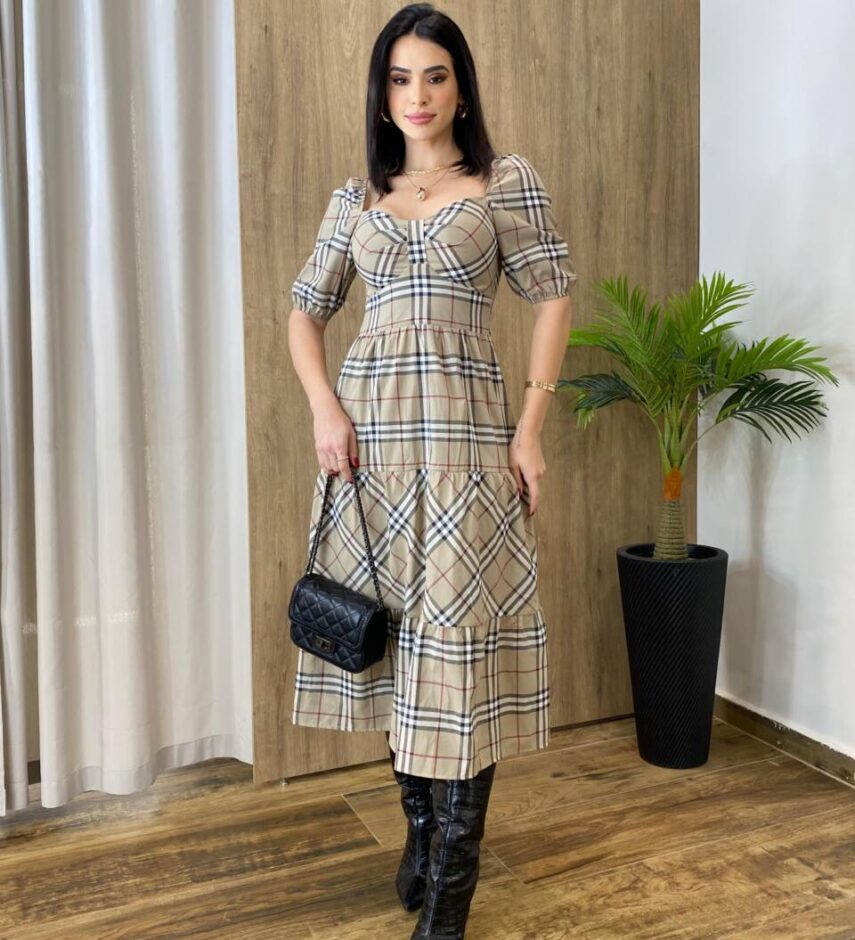 Vestido Midi com Bojo Manga Curta Yara Xadrez Bege - Fernanda Ramos Store