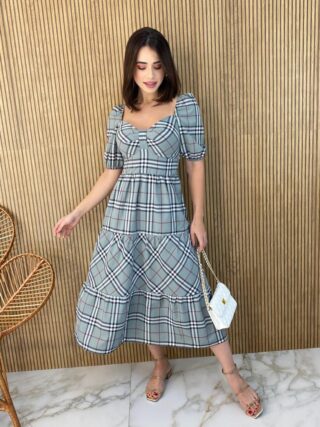 Vestido Midi com Bojo Manga Curta Yara Xadrez Verde - Fernanda Ramos Store