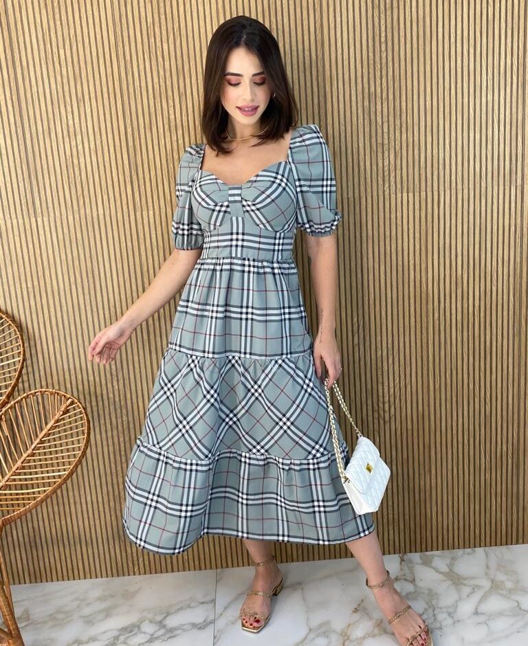 Vestido Midi com Bojo Manga Curta Yara Xadrez Verde - Fernanda Ramos Store