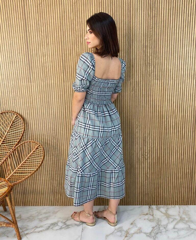 Vestido Midi com Bojo Manga Curta Yara Xadrez Verde - Fernanda Ramos Store