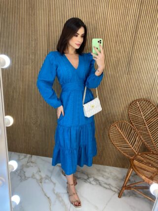 Vestido Midi com Bojo Manga Longa Laise Azul - Fernanda Ramos Store