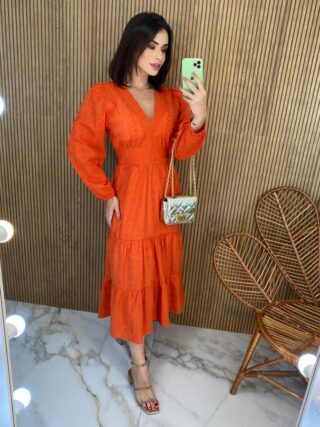 Vestido Midi com Bojo Manga Longa Laise Laranja - Fernanda Ramos Store