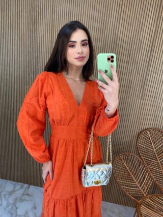 Vestido Midi com Bojo Manga Longa Laise Laranja - Fernanda Ramos Store