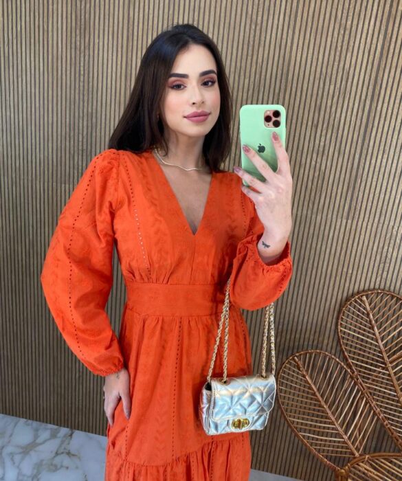 Vestido Midi com Bojo Manga Longa Laise Laranja - Fernanda Ramos Store