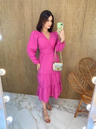 Vestido Midi com Bojo Manga Longa Laise Pink - Fernanda Ramos Store