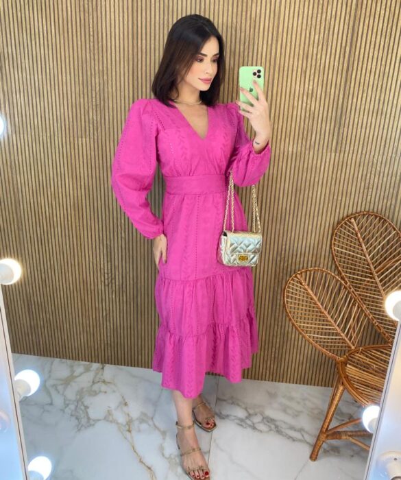 Vestido Midi com Bojo Manga Longa Laise Pink - Fernanda Ramos Store