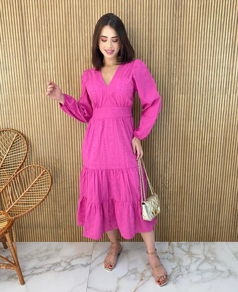 Vestido Midi com Bojo Manga Longa Laise Pink - Fernanda Ramos Store