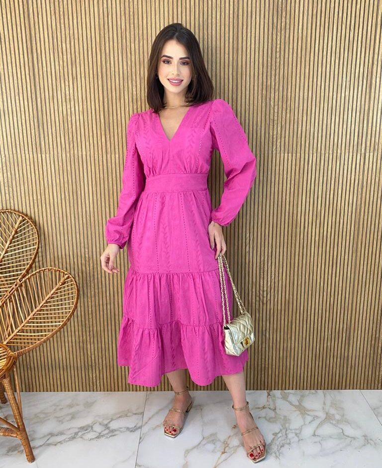Vestido Midi com Bojo Manga Longa Laise Pink - Fernanda Ramos Store
