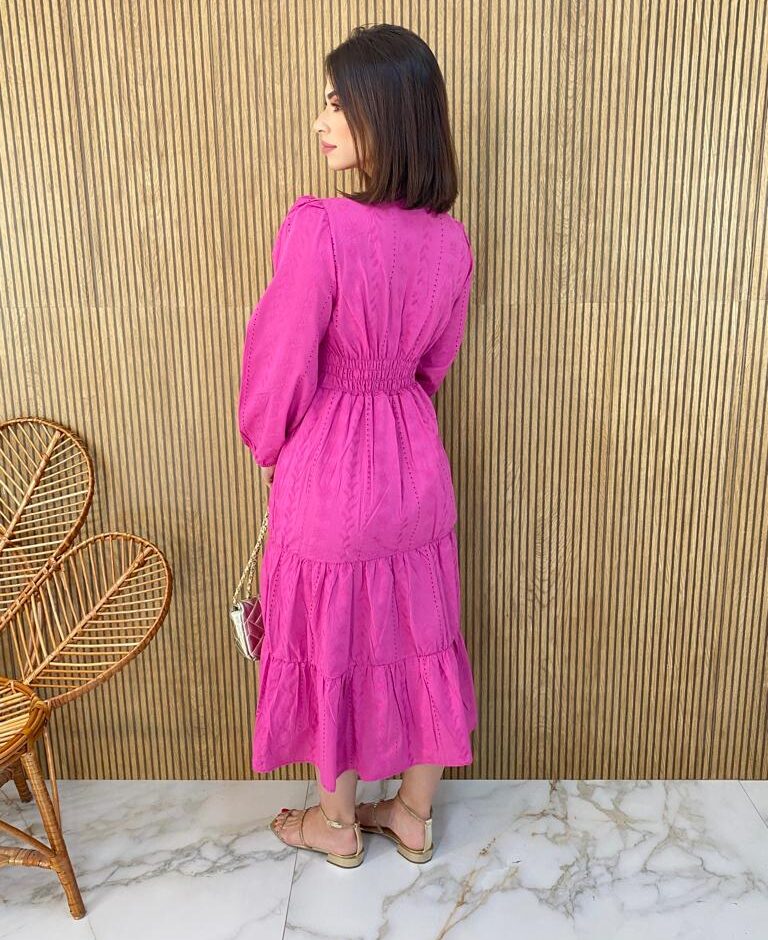 Vestido Midi com Bojo Manga Longa Laise Pink - Fernanda Ramos Store