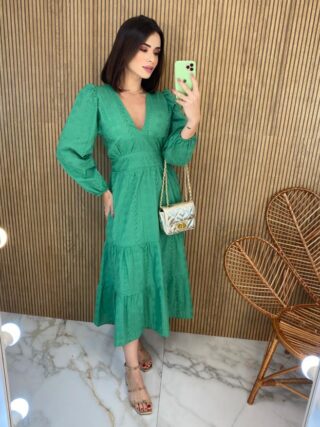 Vestido Midi com Bojo Manga Longa Laise Verde - Fernanda Ramos Store