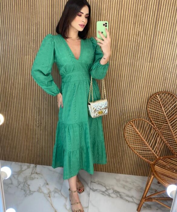 Vestido Midi com Bojo Manga Longa Laise Verde - Fernanda Ramos Store