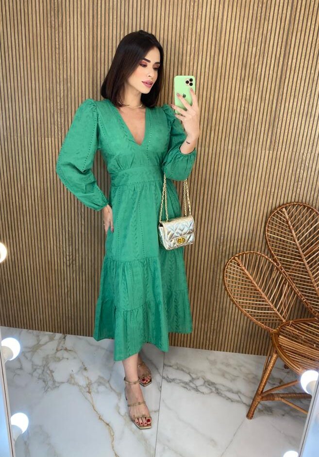 Vestido Midi com Bojo Manga Longa Laise Verde - Fernanda Ramos Store
