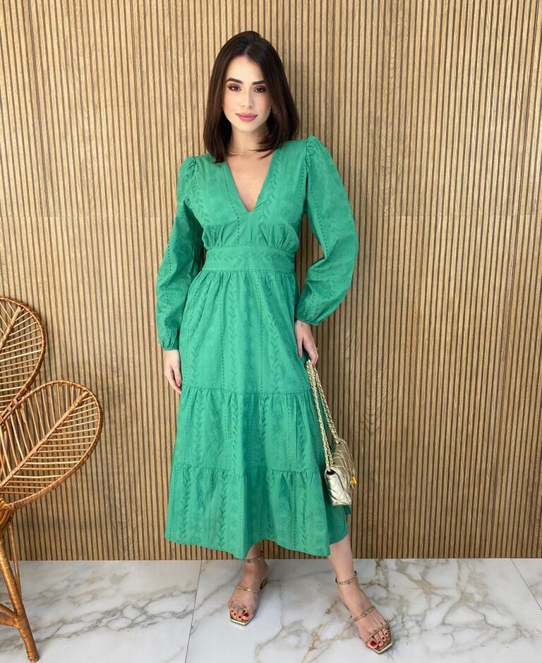 Vestido Midi com Bojo Manga Longa Laise Verde - Fernanda Ramos Store
