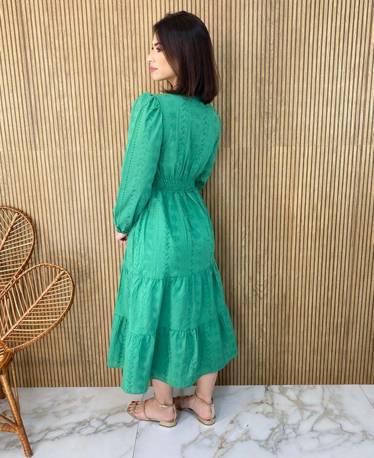 Vestido Midi com Bojo Manga Longa Laise Verde - Fernanda Ramos Store