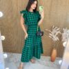 Vestido Midi sem Bojo com Detalhe Xadrez Verde - Fernanda Ramos Store