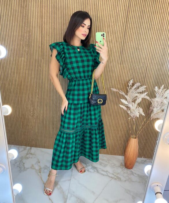 Vestido Midi sem Bojo com Detalhe Xadrez Verde - Fernanda Ramos Store