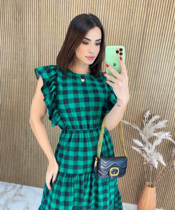 Vestido Midi sem Bojo com Detalhe Xadrez Verde - Fernanda Ramos Store