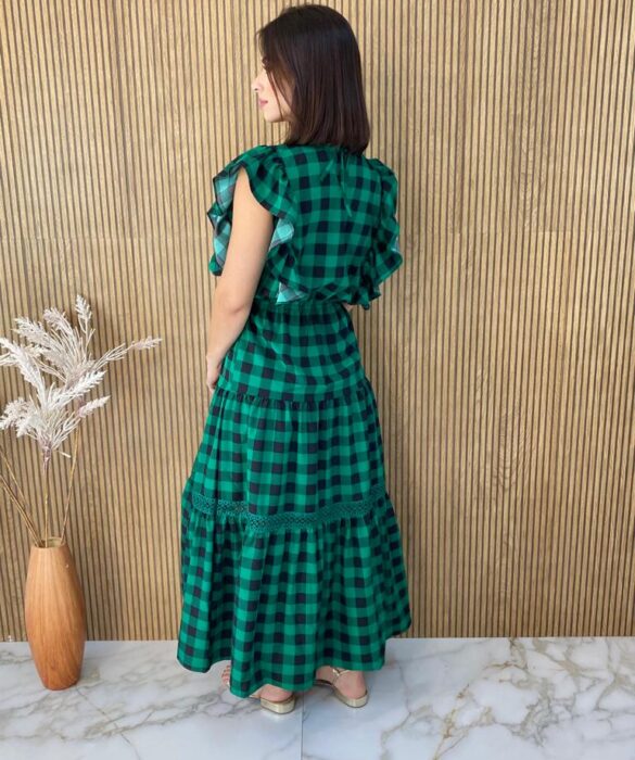 Vestido Midi sem Bojo com Detalhe Xadrez Verde - Fernanda Ramos Store