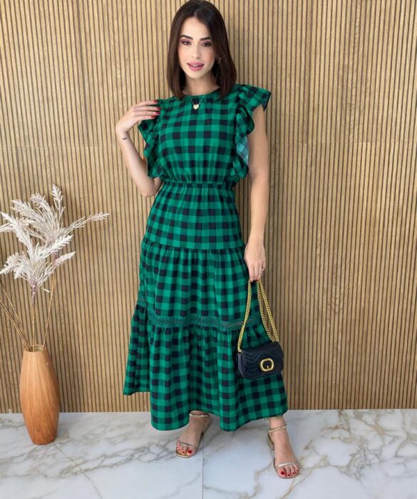 Vestido Midi sem Bojo com Detalhe Xadrez Verde - Fernanda Ramos Store