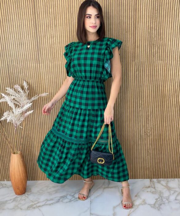 Vestido Midi sem Bojo com Detalhe Xadrez Verde - Fernanda Ramos Store