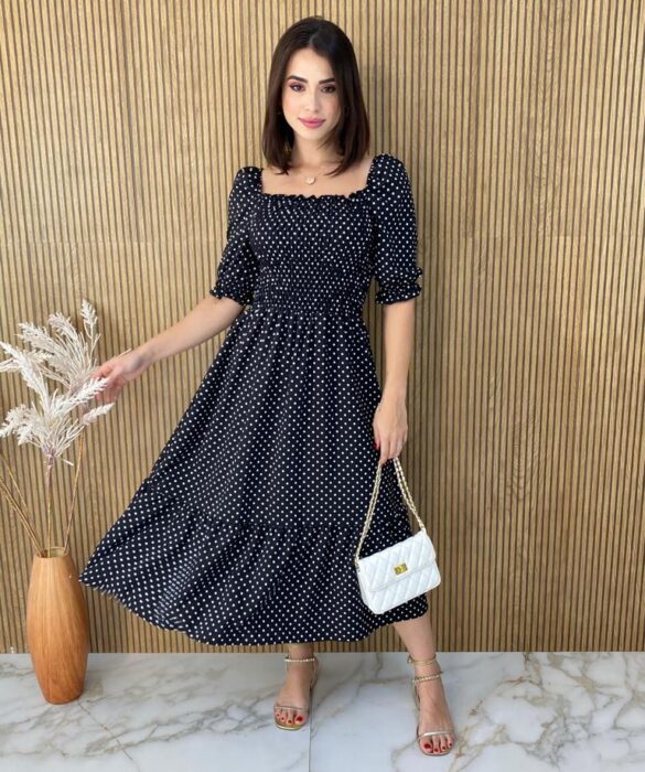 Vestido Midi sem Bojo com Lastex Poá Preto - Fernanda Ramos Store