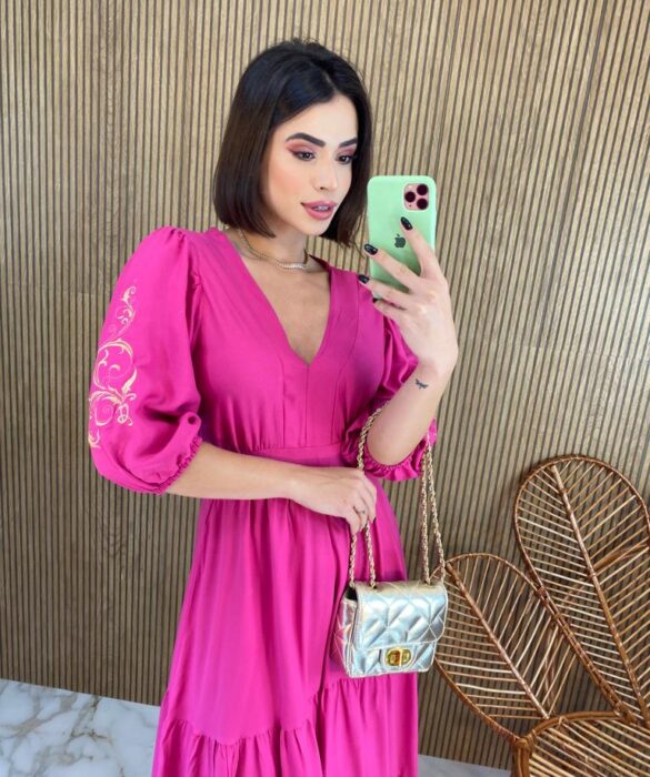 Vestido Midi sem Bojo Manga 3/4 com Detalhes Pink - Fernanda Ramos Store