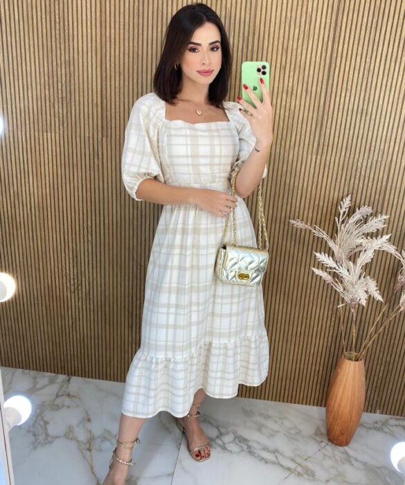 Vestido Midi sem Bojo Manga 3/4 Yara Viscolinho Off White - Fernanda Ramos Store