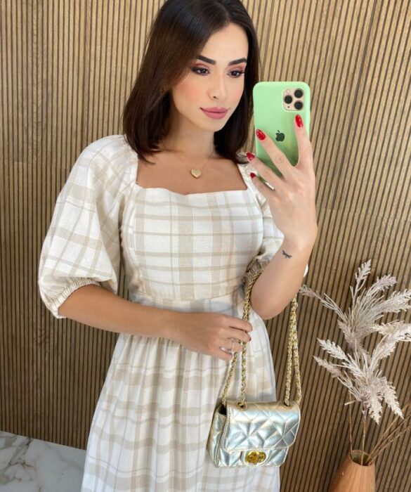 Vestido Midi sem Bojo Manga 3/4 Yara Viscolinho Off White - Fernanda Ramos Store