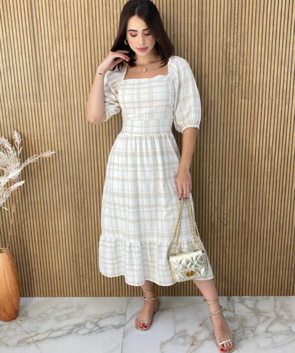 Vestido Midi sem Bojo Manga 3/4 Yara Viscolinho Off White - Fernanda Ramos Store