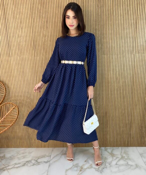 Vestido Midi sem Bojo Manga Longa Luiza Poá Azul - Fernanda Ramos Store