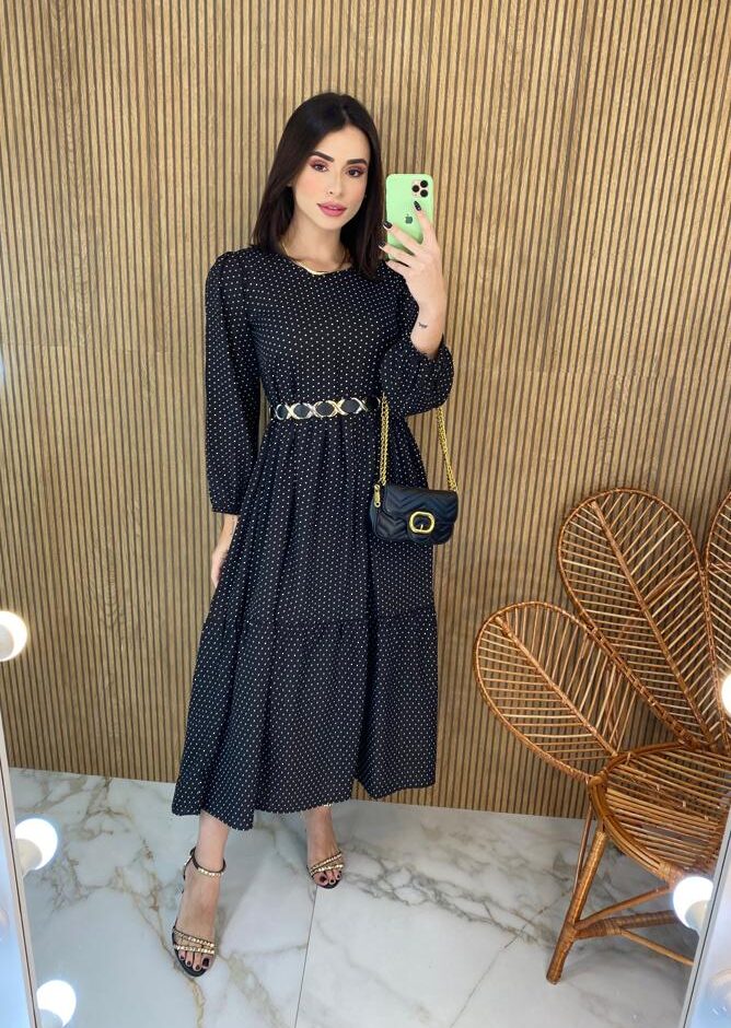 Vestido Midi sem Bojo Manga Longa Luiza Poá Preto - Fernanda Ramos Store
