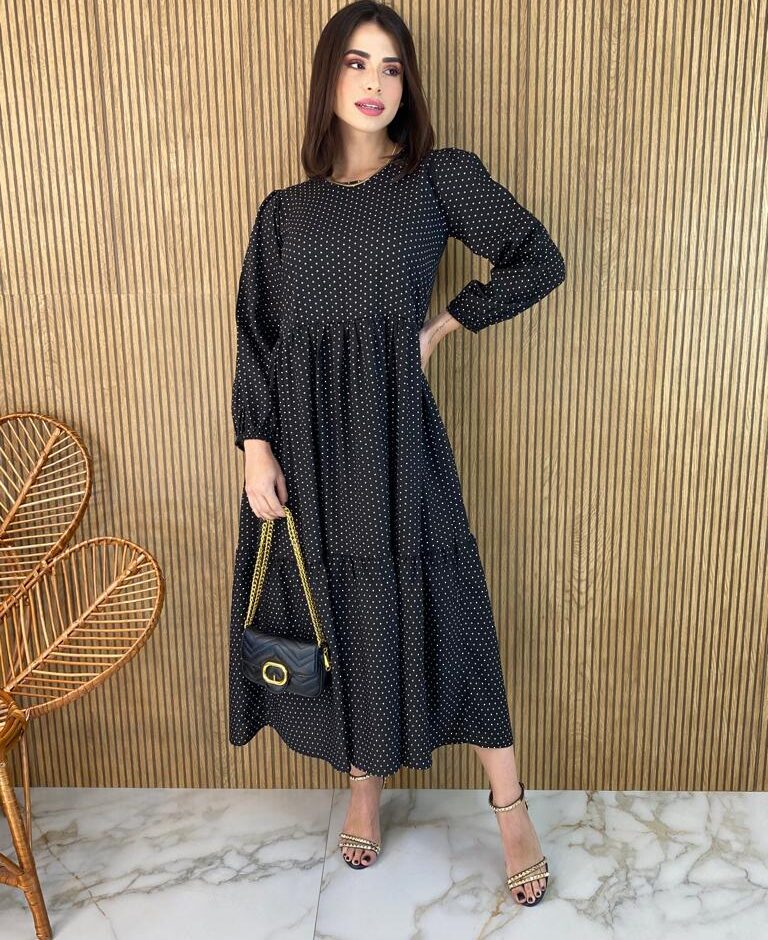 Vestido Midi sem Bojo Manga Longa Luiza Poá Preto - Fernanda Ramos Store