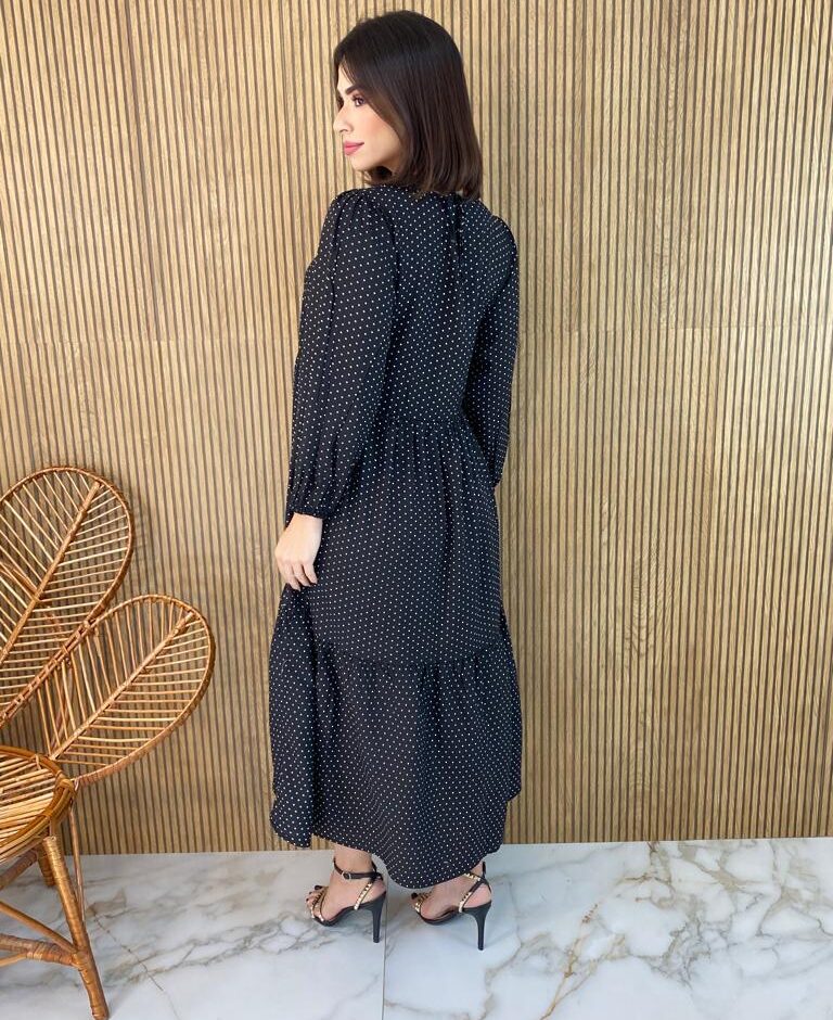 Vestido Midi sem Bojo Manga Longa Luiza Poá Preto - Fernanda Ramos Store