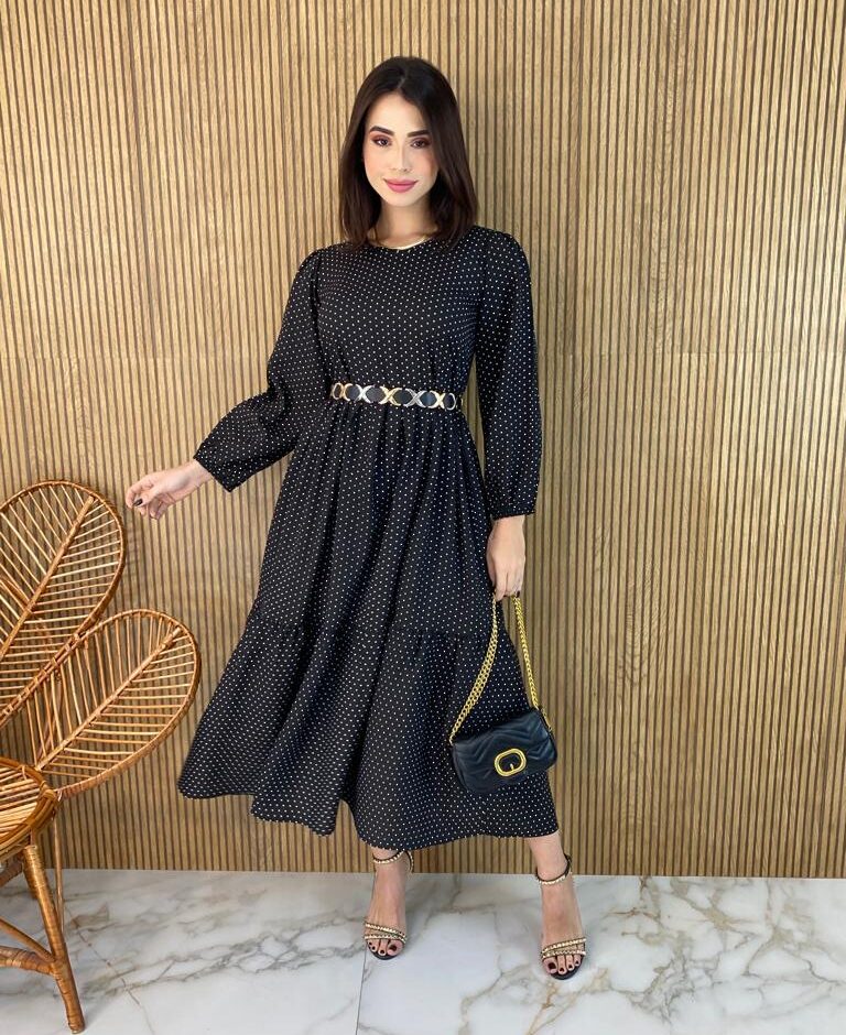 Vestido Midi sem Bojo Manga Longa Luiza Poá Preto - Fernanda Ramos Store