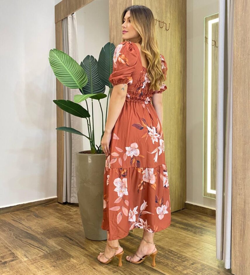 Vestido Midi sem Bojo Manga Princesa Bella Estampa Terra - Fernanda Ramos Store