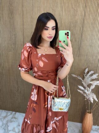 Vestido Midi sem Bojo Manga Princesa Bella Estampa Terra - Fernanda Ramos Store