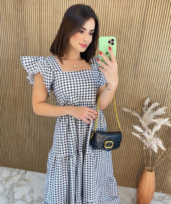 Vestido Midi sem Bojo Tricoline Yasmim Xadrez Preto e Branco - Fernanda Ramos Store