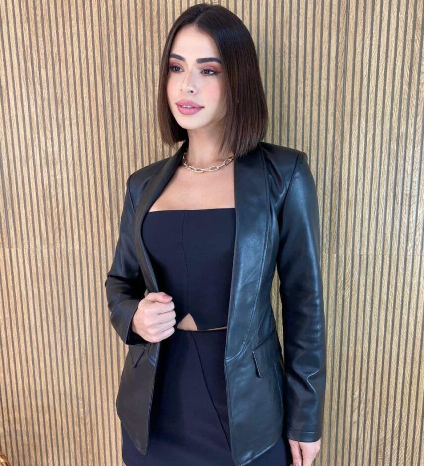Blazer Manga Longa Feminino Couro Eco Preto - Fernanda Ramos Store