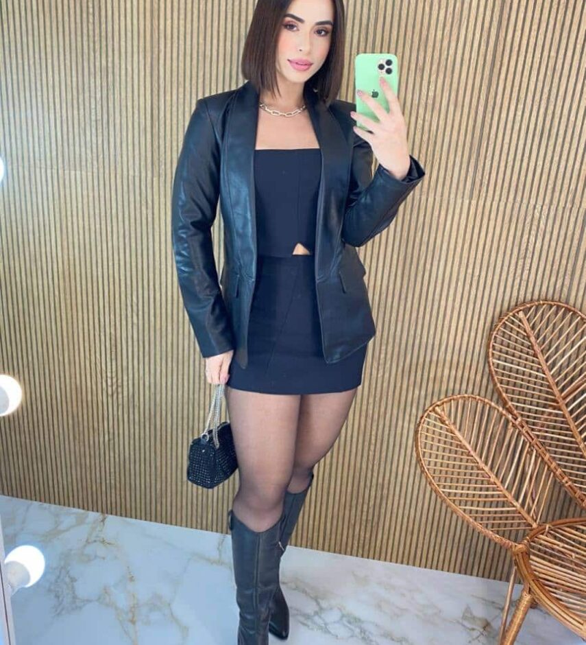 Blazer Manga Longa Feminino Couro Eco Preto - Fernanda Ramos Store